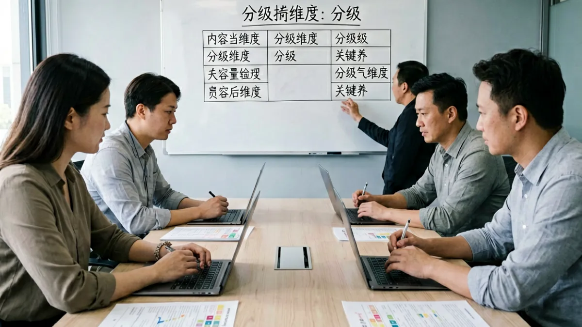 网站团队成员围坐在会议桌旁，讨论未满十八岁不宜看内容的分级标准与审核流程