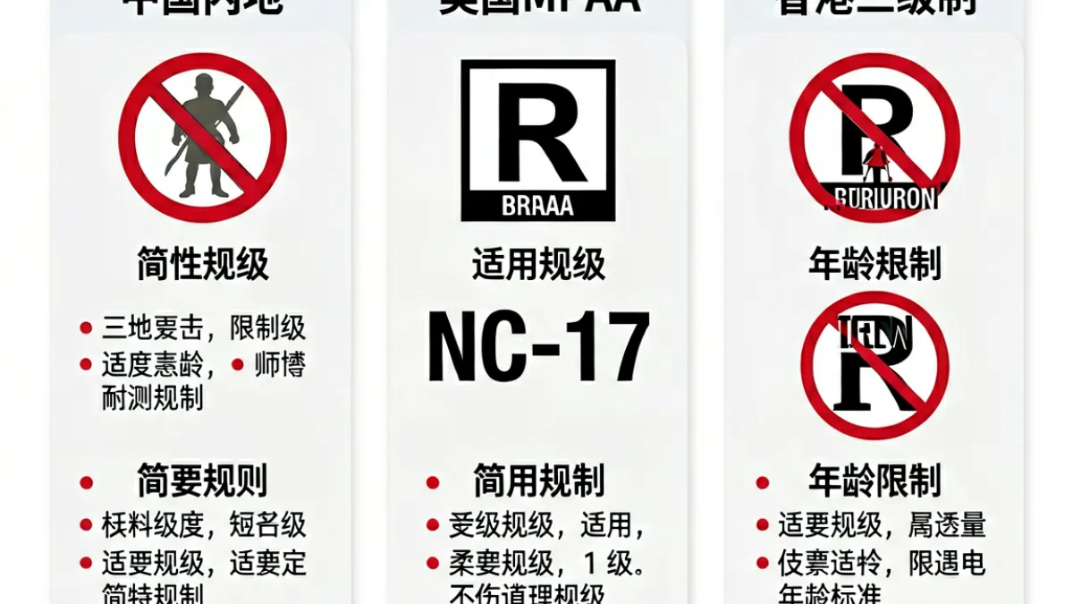 一组对比图表，左列展示中国内地内容分级标识，右列展示美国MPAA与香港三级制中关于未满十八岁不宜看的图标与规则差异