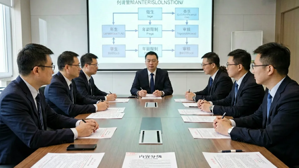 监管人员与平台代表围坐讨论未满十八岁不宜看内容的分级审核标准，桌上摆放相关法规文件