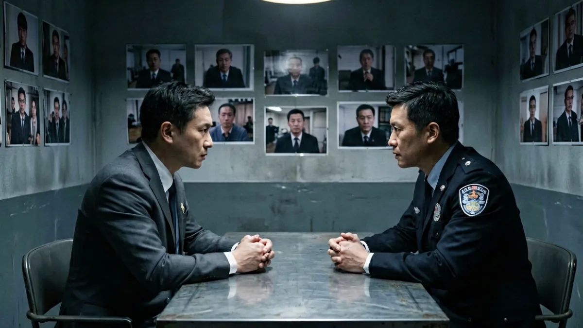 未满十八岁不宜看的犯罪惊悚片场景，昏暗审讯室中两名警探对峙，气氛极度压抑