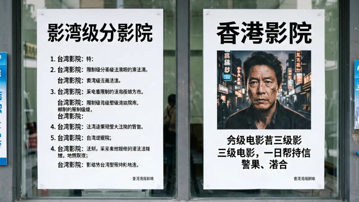 台湾与香港两地影院贴出的未满十八岁不宜看相关法规告示，展示不同市场下的具体法律文字与年龄验证流程